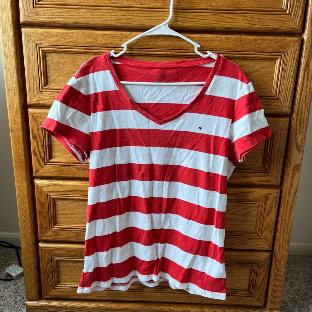 Tommy Hilfiger Red and White Striped V-Neck Short Sleeve Tee
